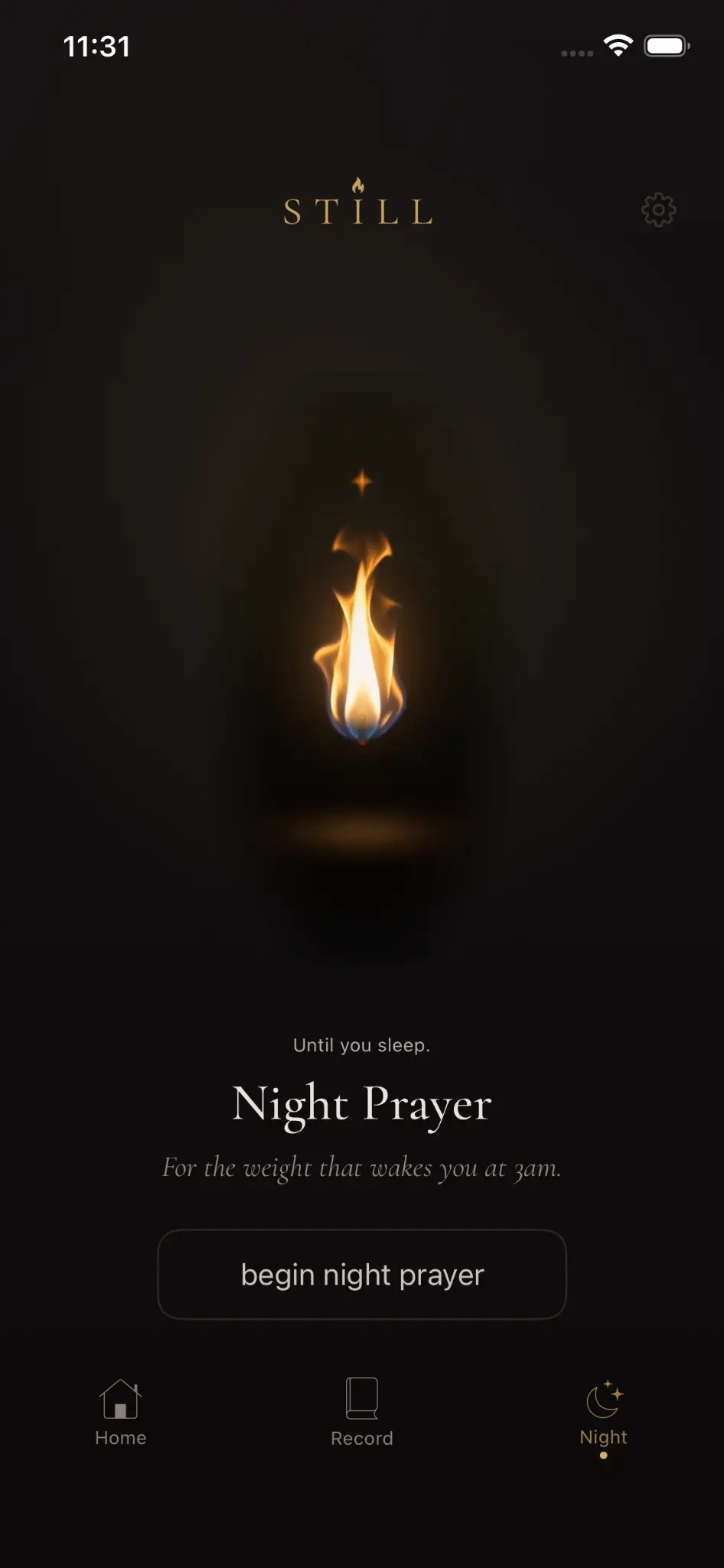 Still Night Prayer screen with a resting flame